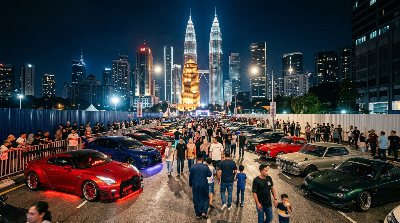 Modified cars gathered at a night-time urban car show in downtown Kuala Lumpur